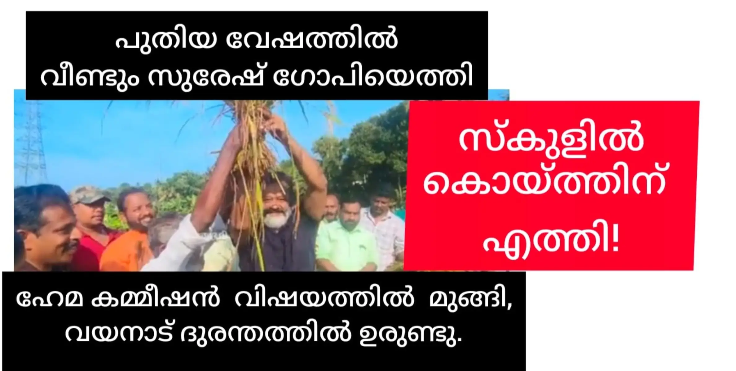 വേഷം കെട്ടുമായി സുരേഷ് ഗോപി വീണ്ടുമെത്തി. ഇത്തവണ പാളത്തൊപ്പിയും അണിഞ്ഞ് സ്കൂളിൽ കൊയ്യാനെത്തിയാണ് പ്രകടനം.