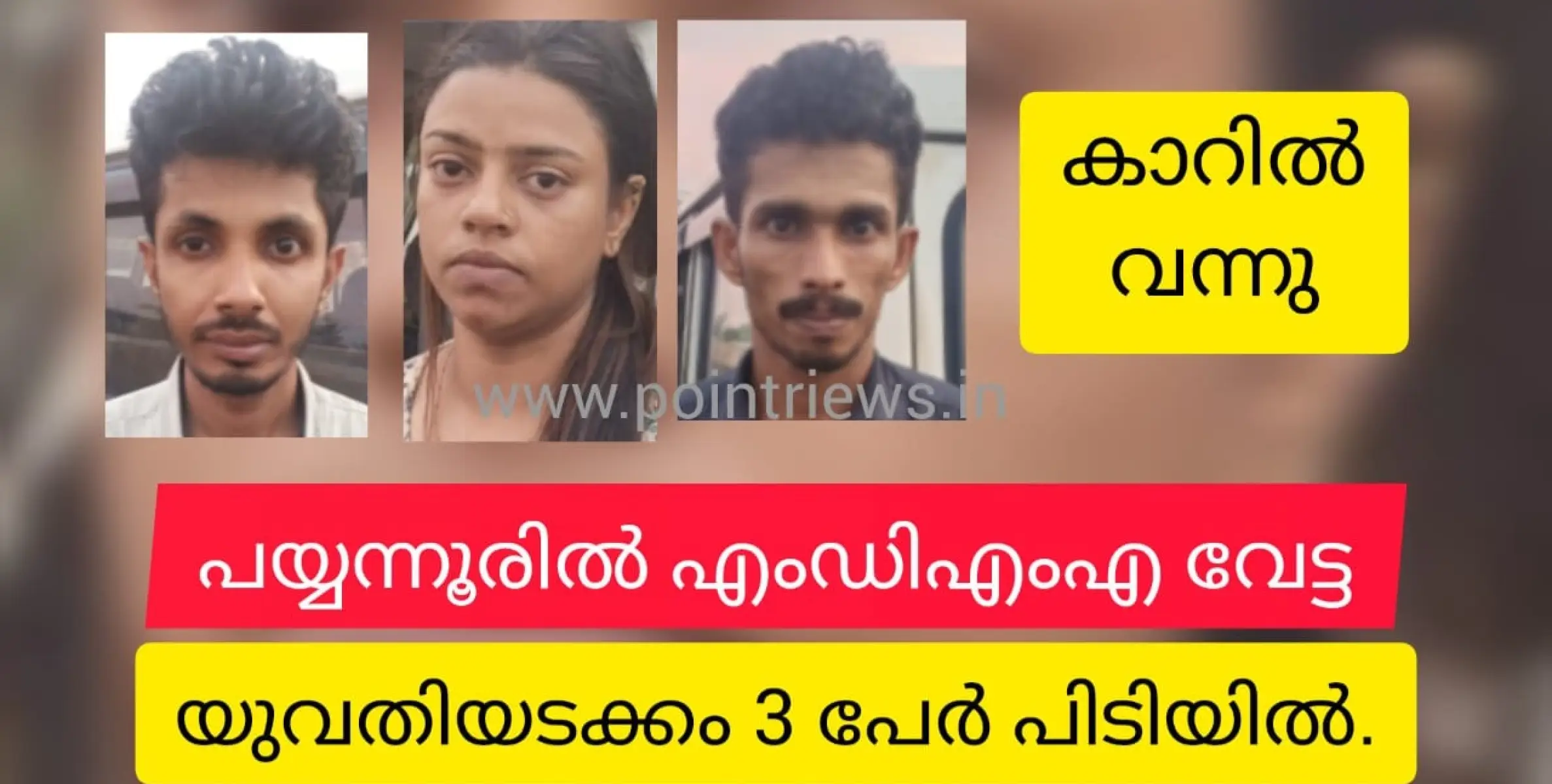 എംഡിഎംഎയുമായി എത്തിയ യുവതിയടക്കം 3 പേർ പയ്യന്നൂരിൽ പിടിയിലായി