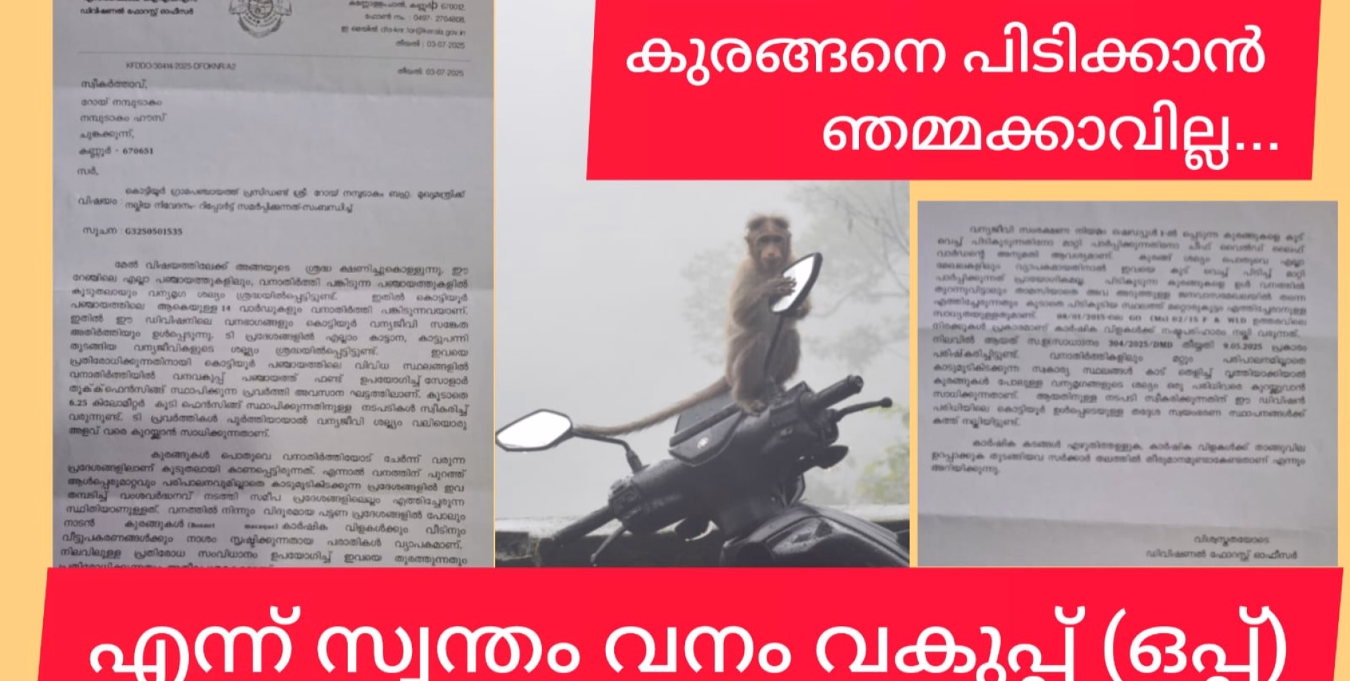 കുരങ്ങിനെ പിടിക്കാൻ ഞമ്മക്കാവില്ല കേട്ടോ....!  എന്ന് സ്വന്തം വനം വകുപ്പ്